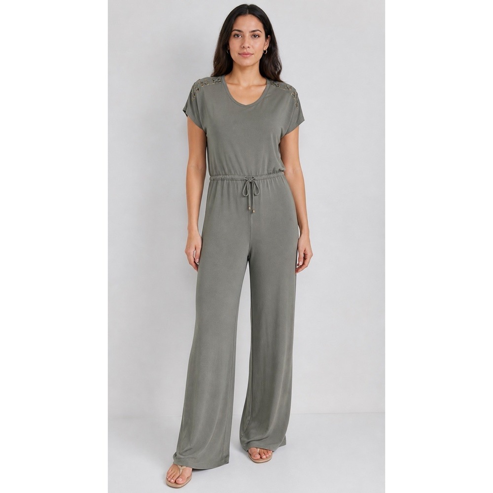 Lauren Ralph Lauren Jumpsuit L Olive Wide Leg Lace Up Shoulder Casual Chic